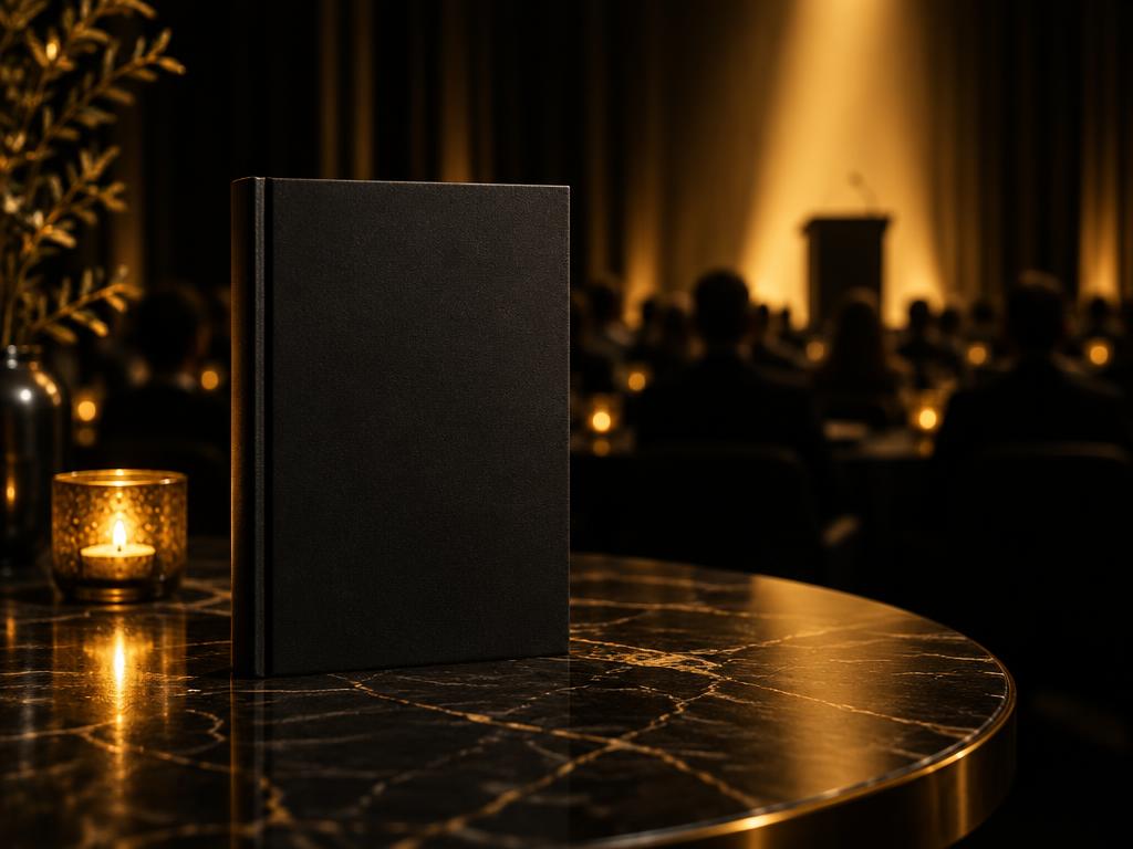 Den inbundna boken PURE på ett marmorbord i en mörk konferenslokal med guldigt scenljus